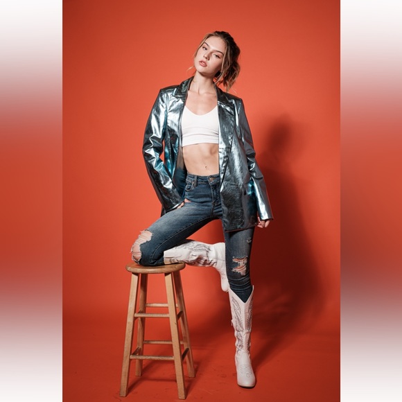 18 Metallic Faux Leather Chic  Open Blazer Jacket - Picture 6 of 6